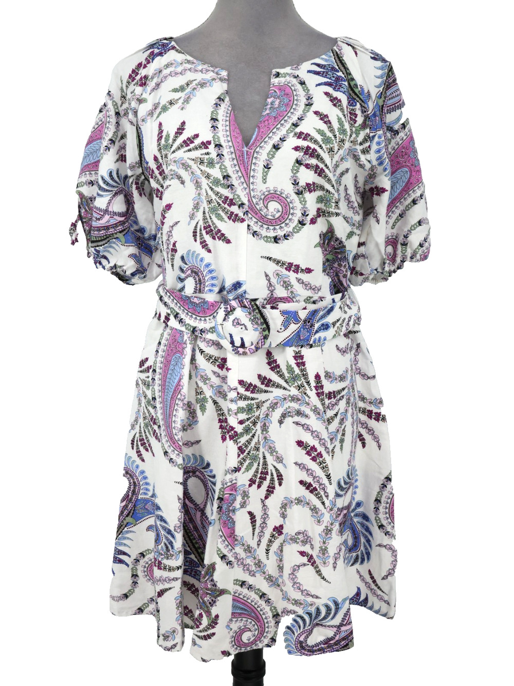 Loft Dress Womens 6 White Pink Paisley Linen Blend Back Zip Cotton Lining Belt
